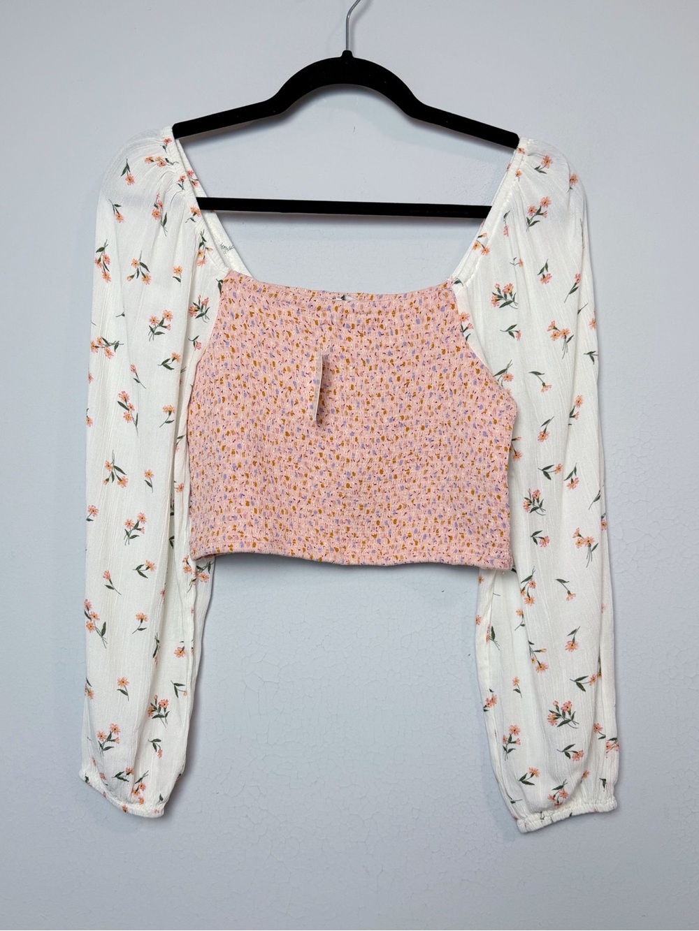American Eagle Pink/White Floral Smocked Square Neck Crop Top